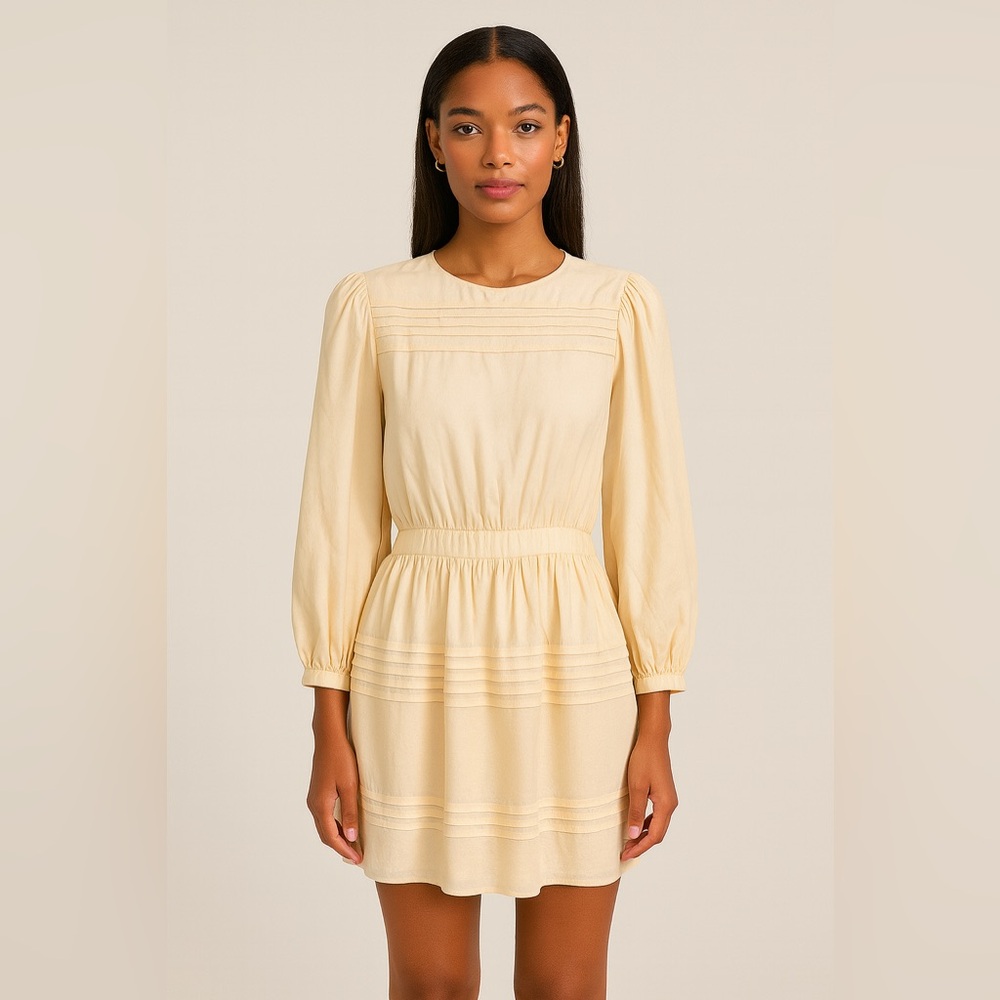 Pampelone Cream Pintuck Mini Dress XS Long Sleeve Cottagecore